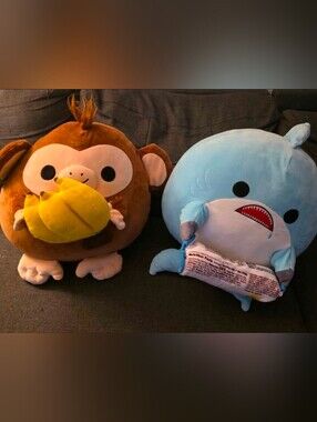 Squishmallows Plush Monkey & Shark Set - Brown Monkey, Light Blue Shark
